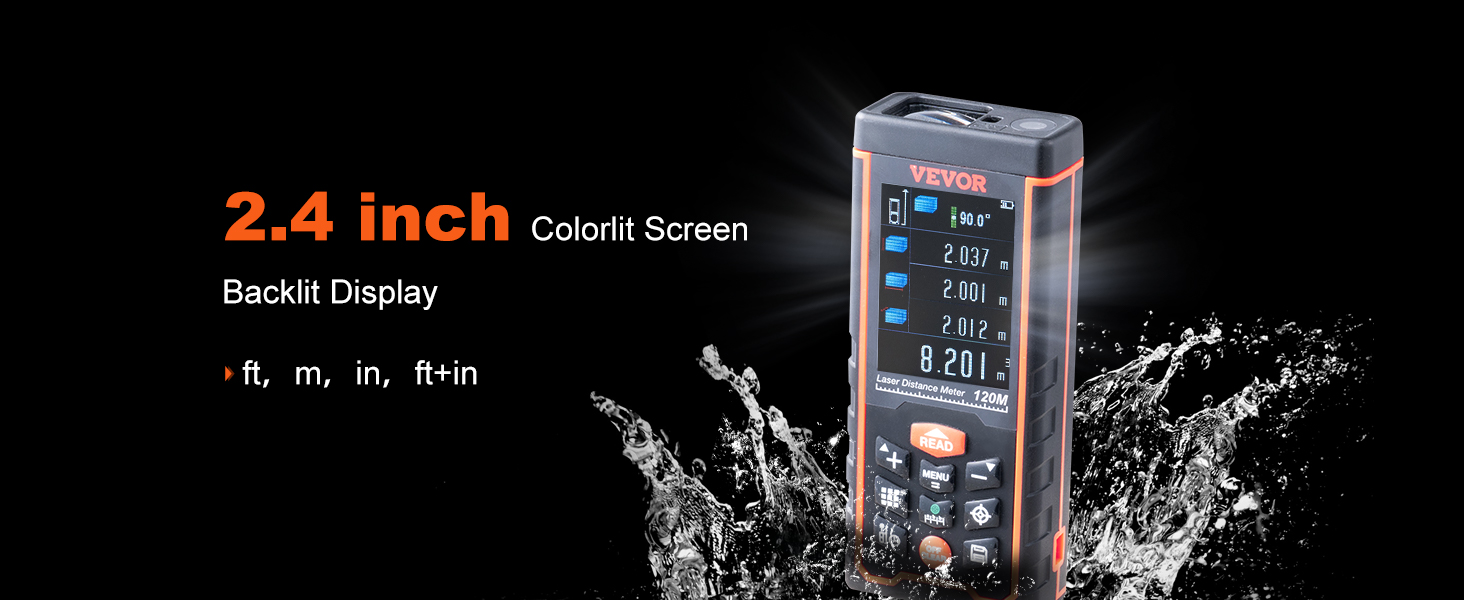 VEVOR laser measure with 2.4-inch colorlit screen, backlit display, waterproof, measures in ft, m, in, ft+in