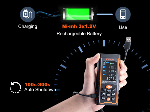 VEVOR laser measure with rechargeable battery, usb charging, and automatic shutdown feature.