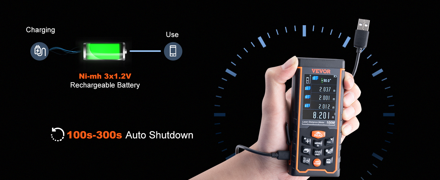 VEVOR laser measure with rechargeable battery, usb charging, and automatic shutdown feature.