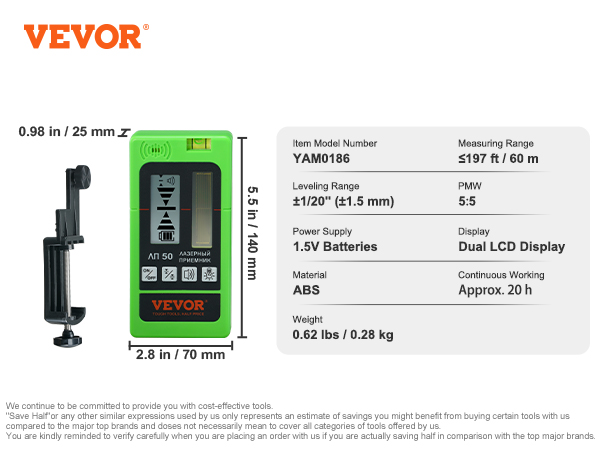 VEVOR laser receiver with dual lcd, model yam0186, abs material, and 1.5v battery-powered.