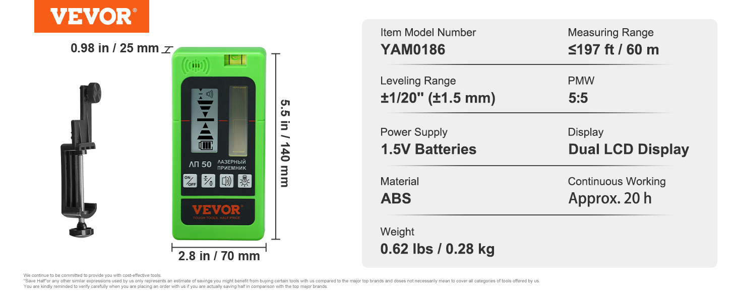 VEVOR laser receiver with dual lcd, model yam0186, abs material, and 1.5v battery-powered.