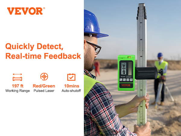VEVOR laser level tool with real-time feedback, 197 ft range, and 10min auto-shutoff.