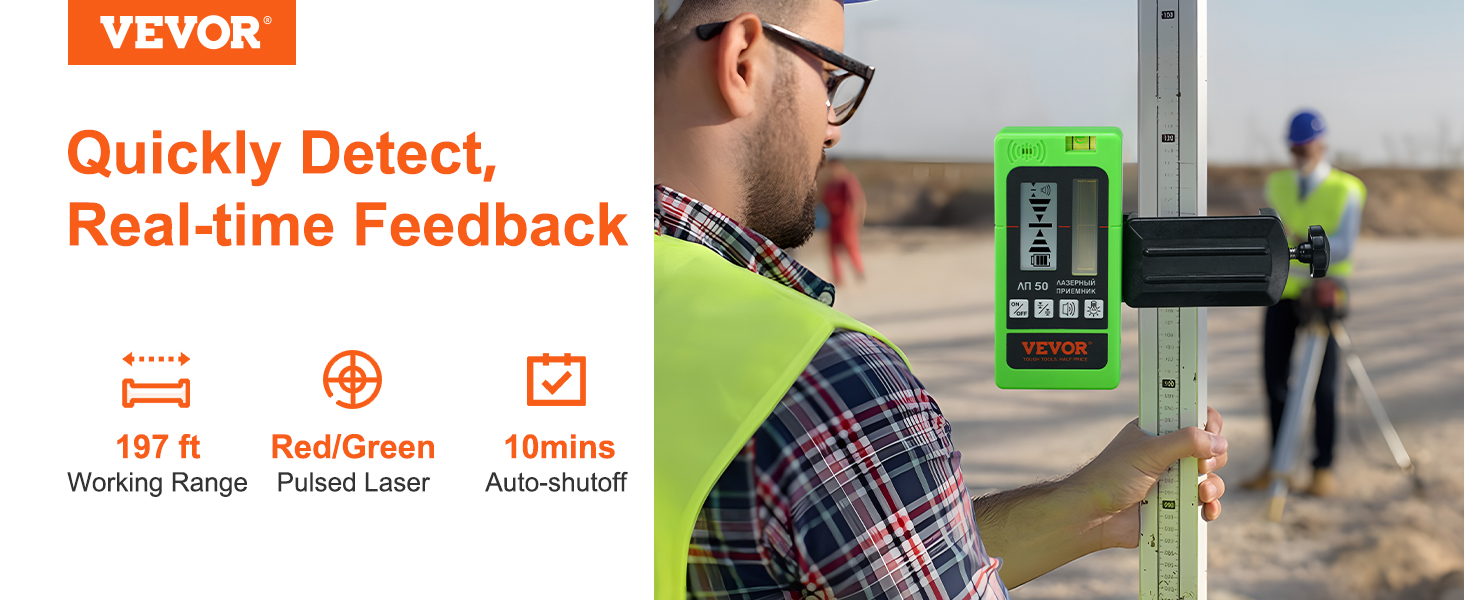 VEVOR laser level tool with real-time feedback, 197 ft range, and 10min auto-shutoff.