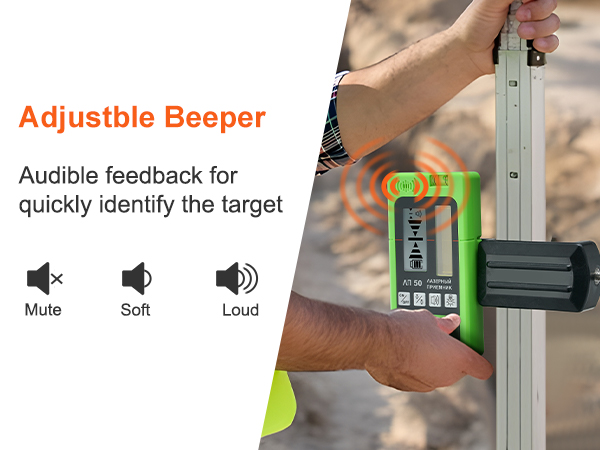 adjustable beeper VEVOR laser receiver mounted on a rod with mute, soft, and loud volume options.