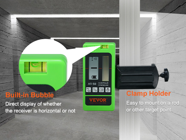 VEVOR laser receiver with built-in bubble level and clamp holder for secure mounting.