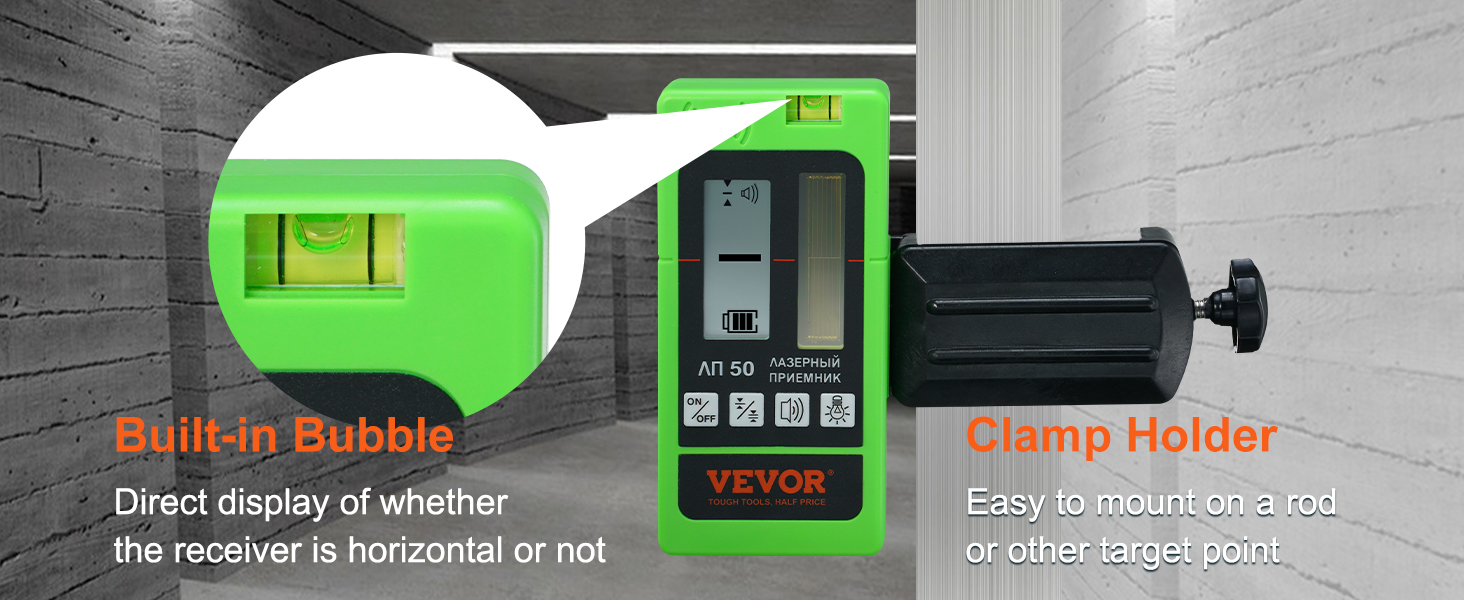 VEVOR laser receiver with built-in bubble level and clamp holder for secure mounting.