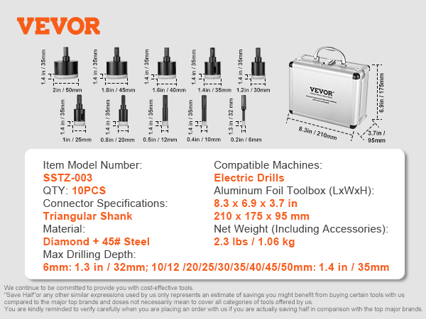 VEVOR diamond core drill bits set with aluminum toolbox, 10 pcs, various sizes from 6mm to 50mm.