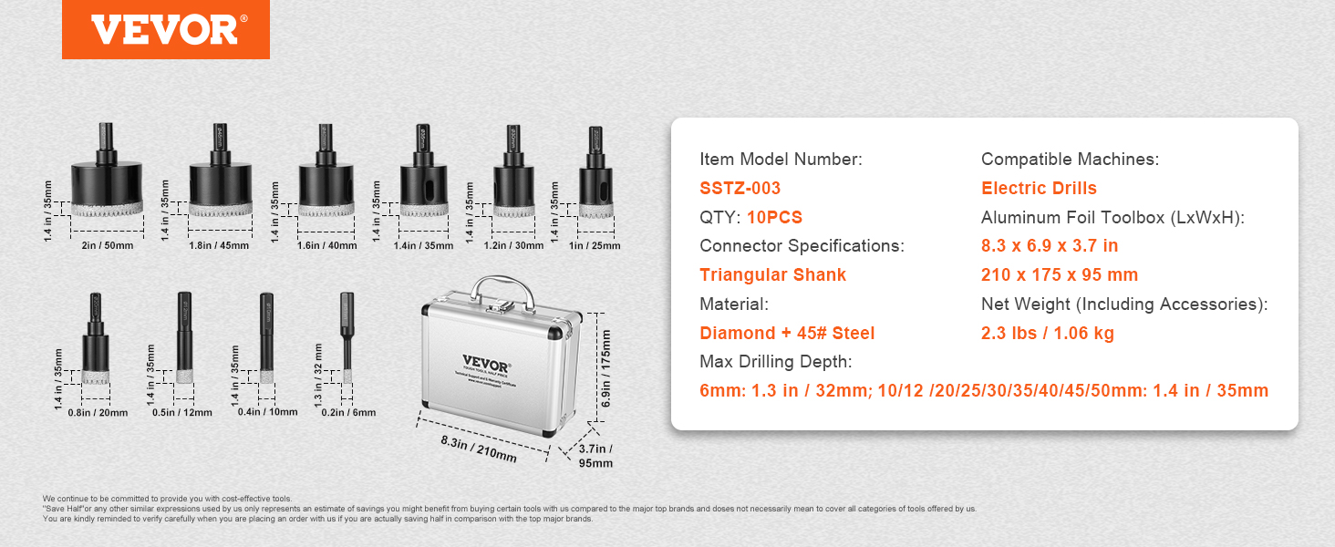 VEVOR diamond core drill bits set with aluminum toolbox, 10 pcs, various sizes from 6mm to 50mm.
