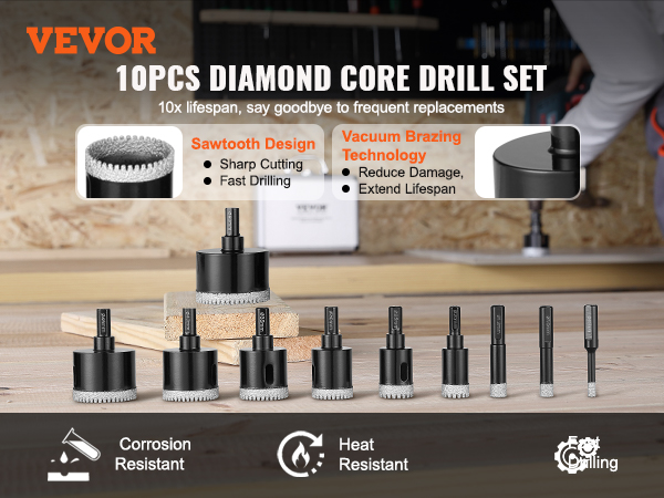 VEVOR diamond core drill bits set of 10 with sawtooth design and vacuum brazing technology for fast drilling.