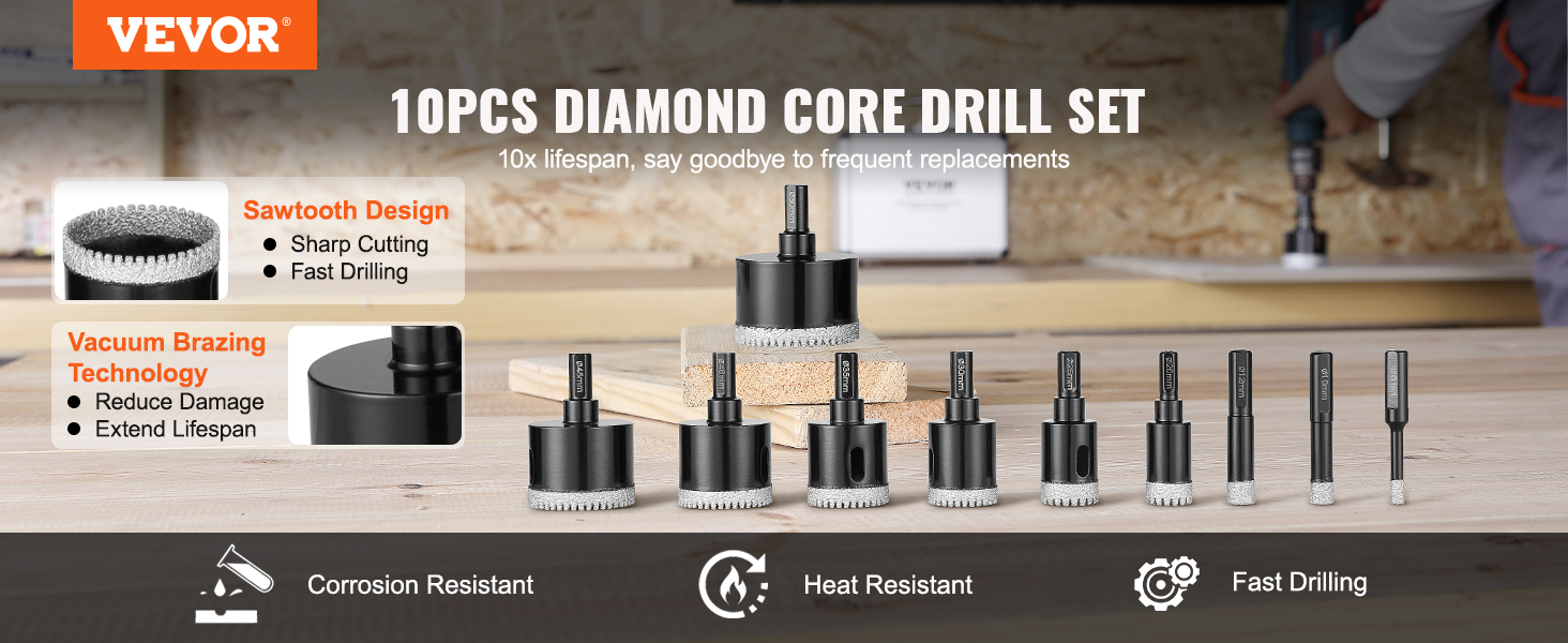 VEVOR diamond core drill bits set of 10 with sawtooth design and vacuum brazing technology for fast drilling.