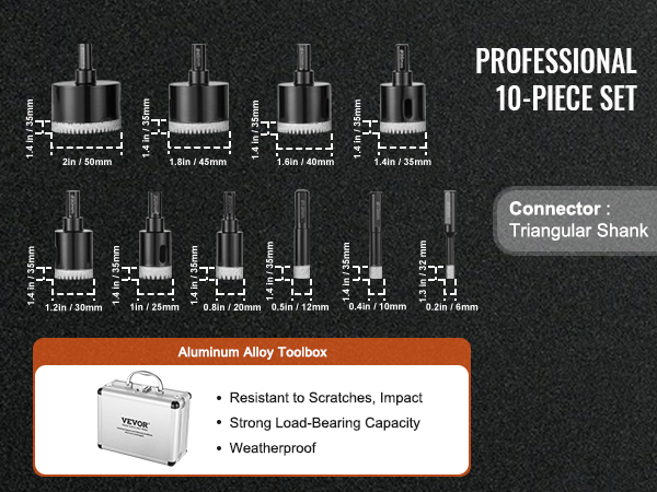 professional 10-piece set of VEVOR diamond core drill bits with aluminum alloy toolbox.