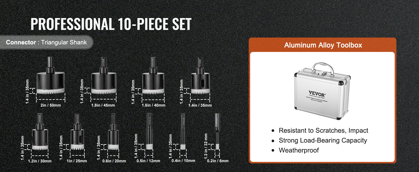 professional 10-piece set of VEVOR diamond core drill bits with aluminum alloy toolbox.