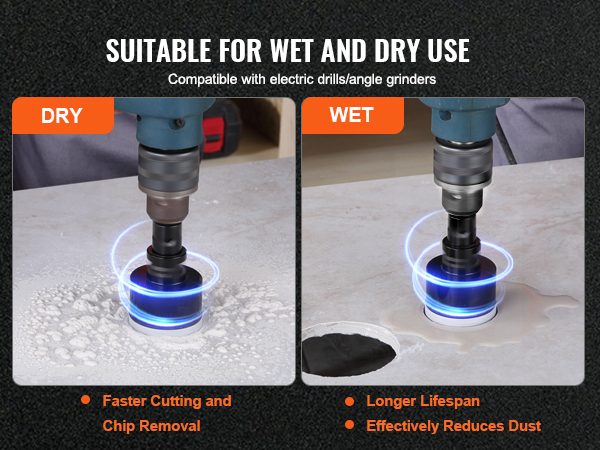 VEVOR diamond core drill bits for wet and dry use with electric drills and angle grinders.