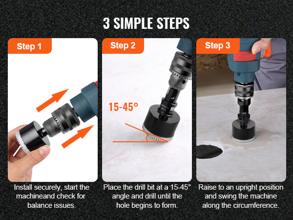 install and use VEVOR diamond core drill bits in 3 simple steps: install, angle drill, and complete hole.