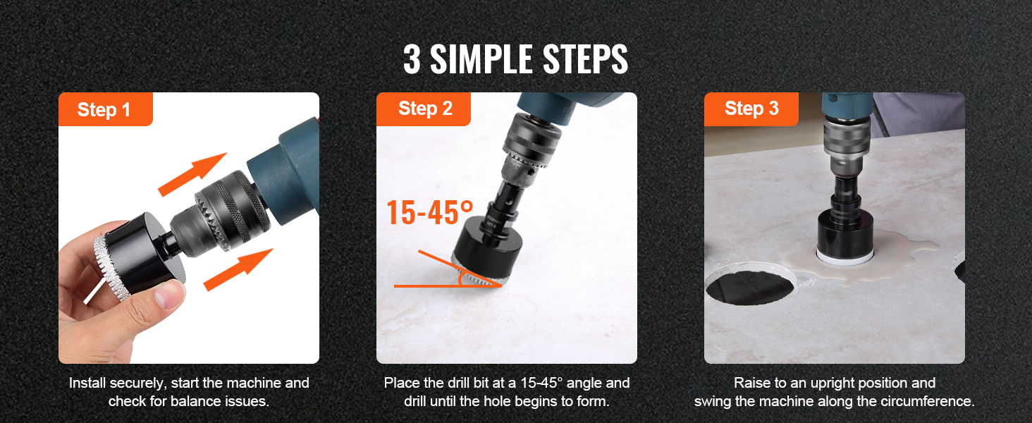 install and use VEVOR diamond core drill bits in 3 simple steps: install, angle drill, and complete hole.