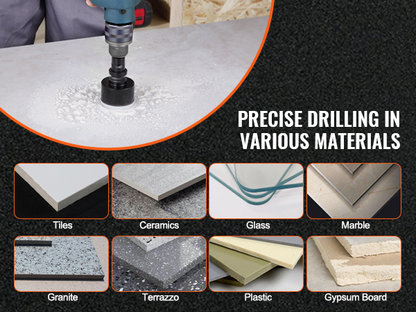 VEVOR diamond core drill bits set on metal case, suitable for tiles, ceramics, glass, marble, and more.