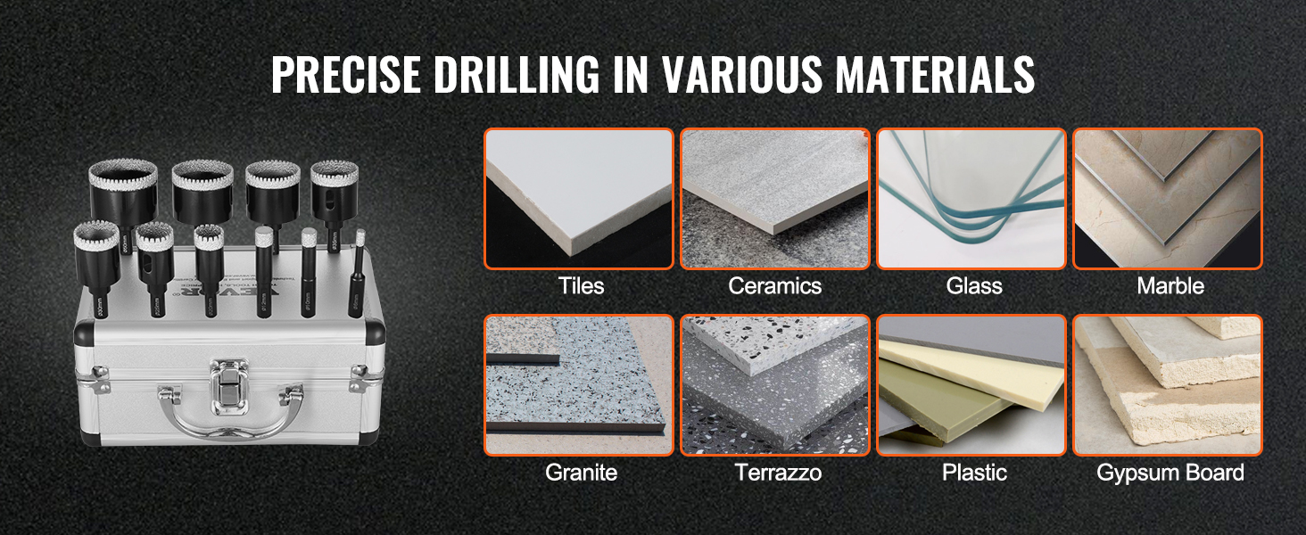 VEVOR diamond core drill bits set on metal case, suitable for tiles, ceramics, glass, marble, and more.