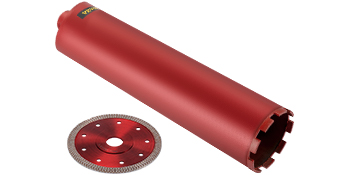 red VEVOR diamond core drill bit with circular saw blade on white background.