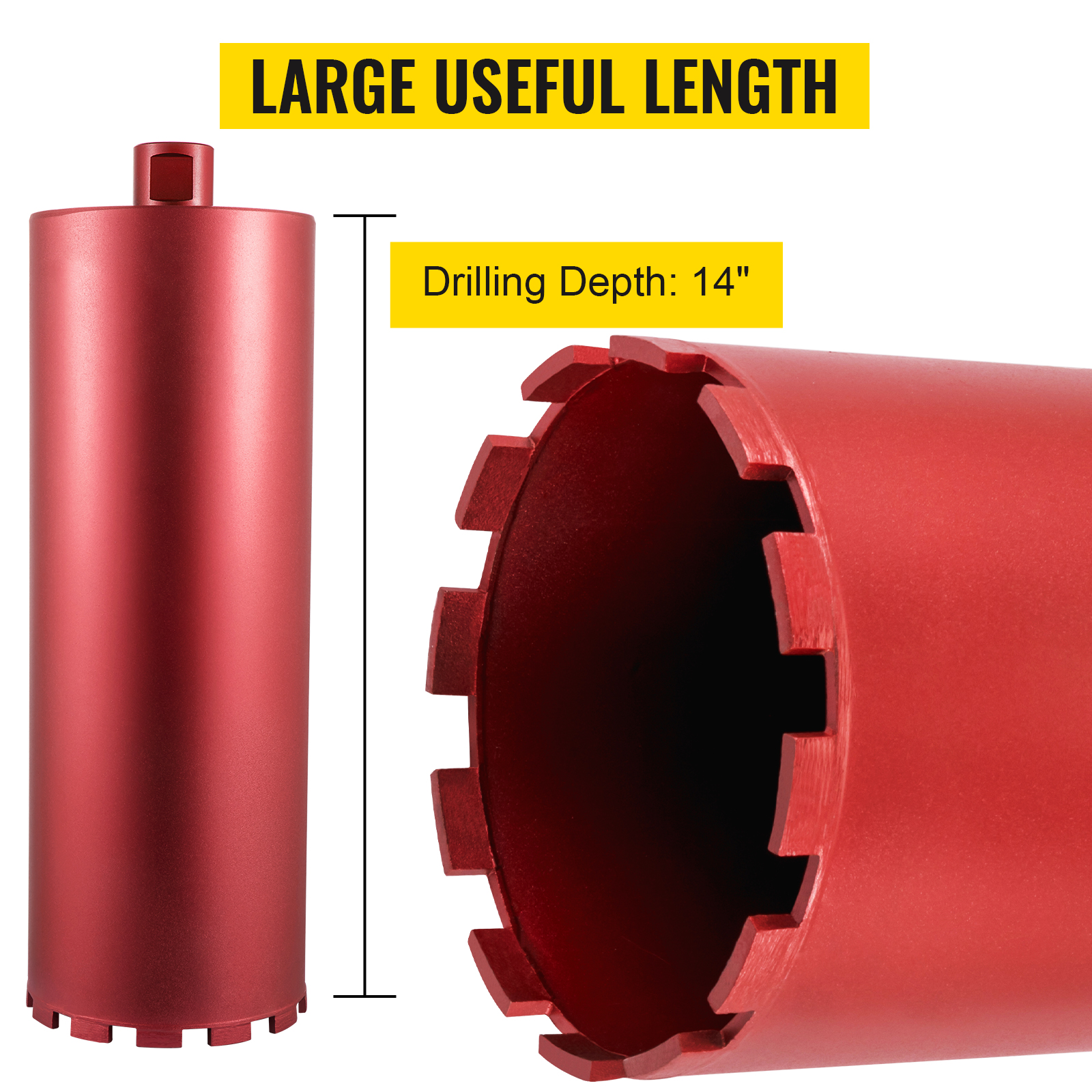 red VEVOR diamond core drill bit; 14" drilling depth, large useful length.