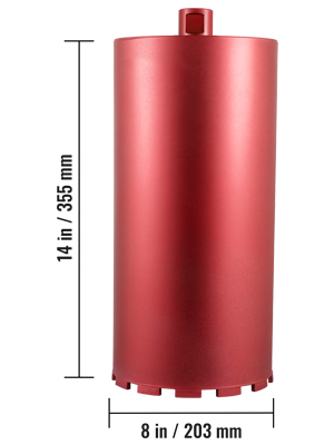 red VEVOR diamond core drill bit measuring 14 in (355 mm) by 8 in (203 mm).