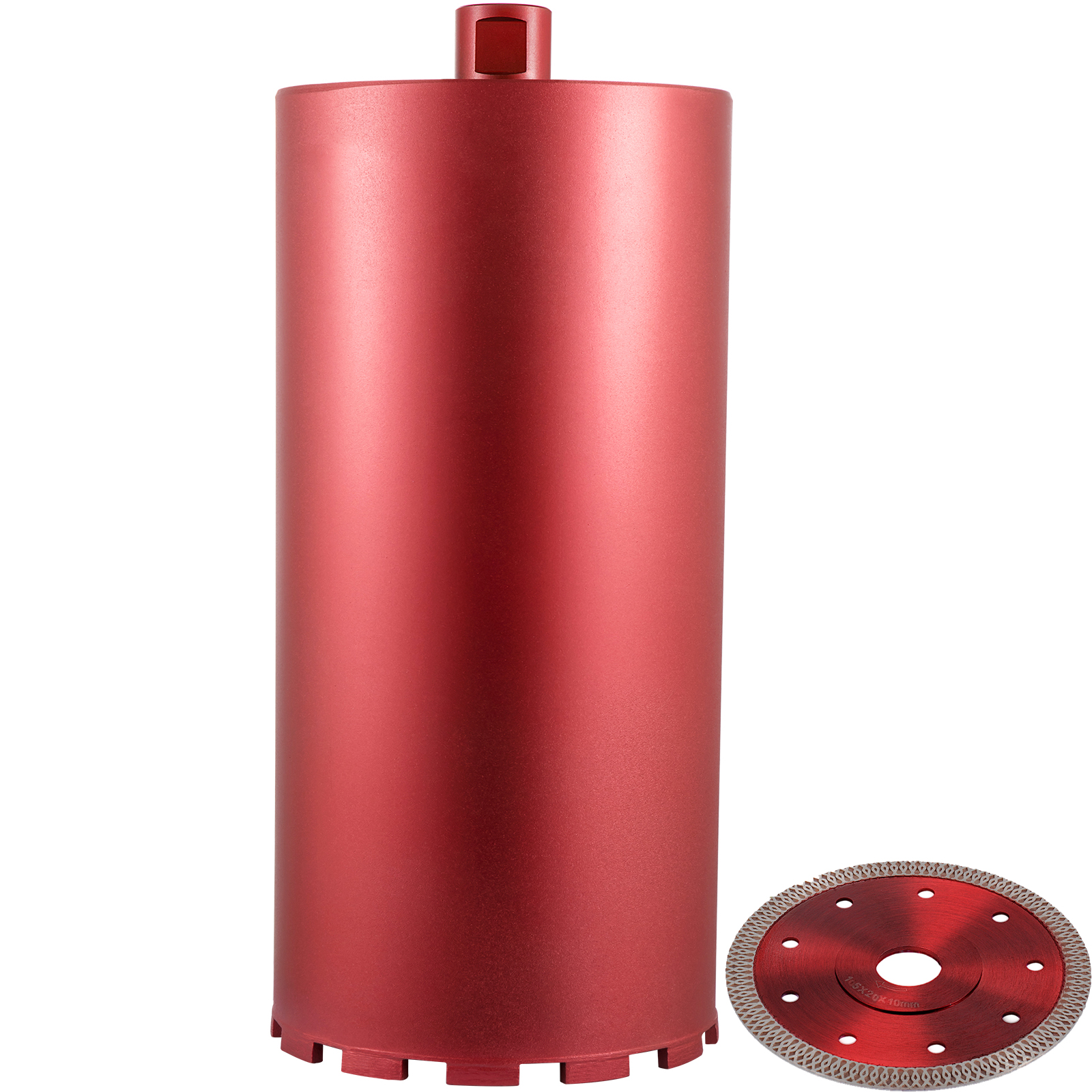 red VEVOR diamond core drill bit with matching circular saw blade.