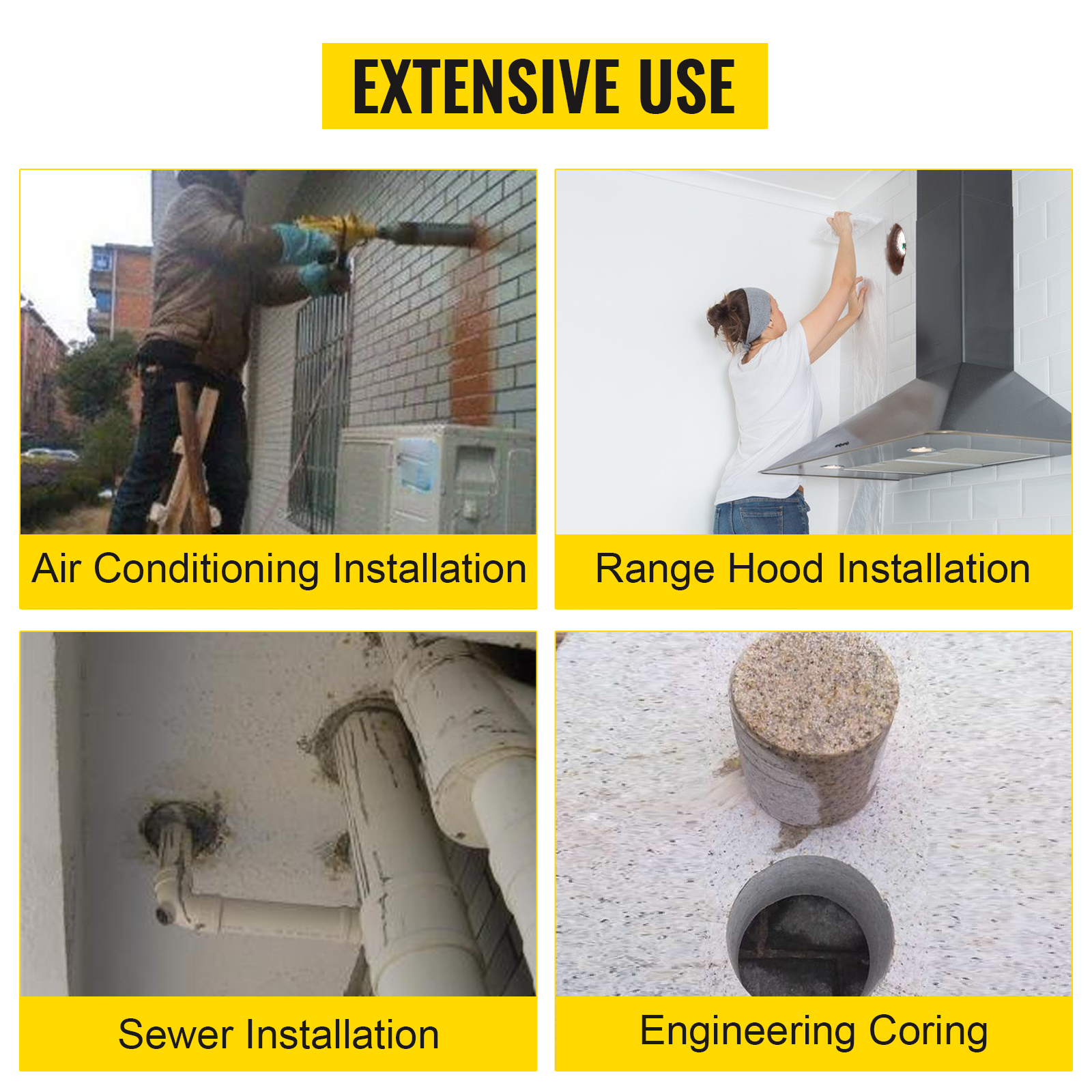 VEVOR diamond core drill bit for versatile installations: air conditioning, range hood, sewer, engineering.