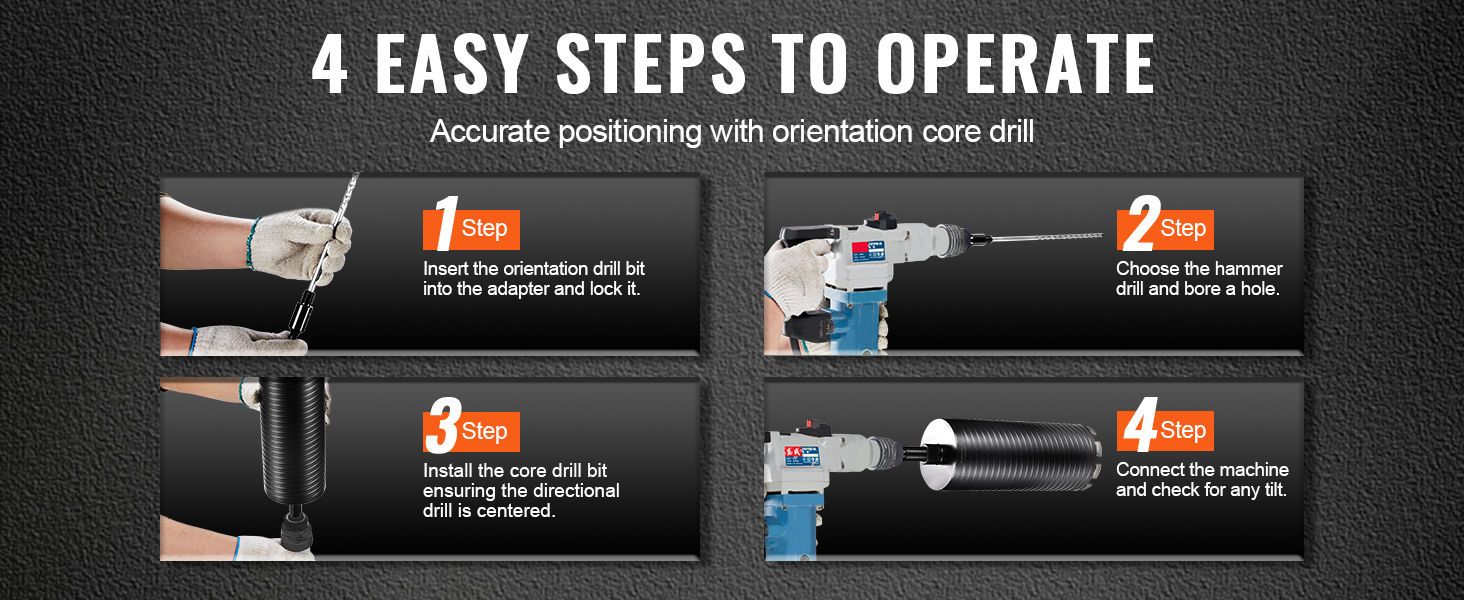 4 steps demonstrating how to use a VEVOR diamond core drill bit for precise drilling tasks.