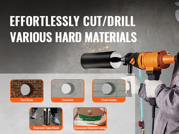 VEVOR diamond core drill bit drilling through concrete with examples of materials: brick, foam, and blade.