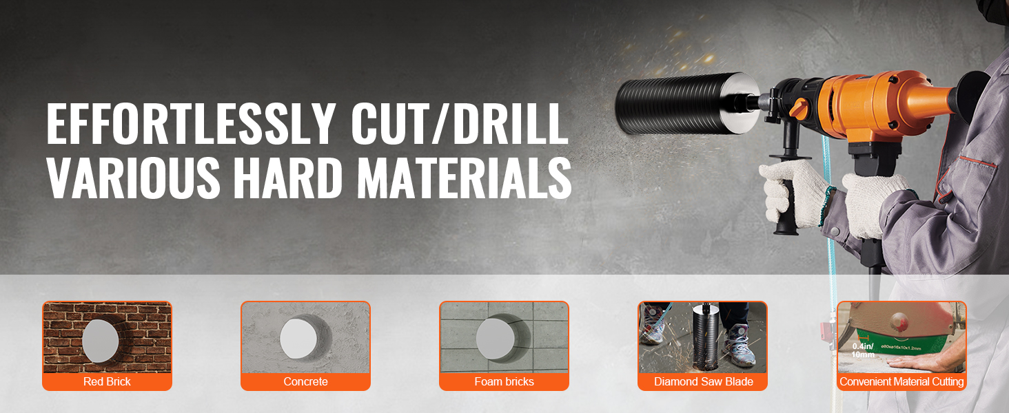 VEVOR diamond core drill bit drilling through concrete with examples of materials: brick, foam, and blade.