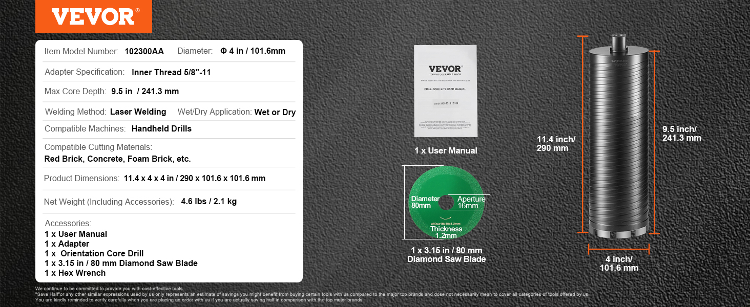 VEVOR diamond core drill bit overview, model 102300aa, 4-inch diameter, max depth 9.5 inches, with accessories.