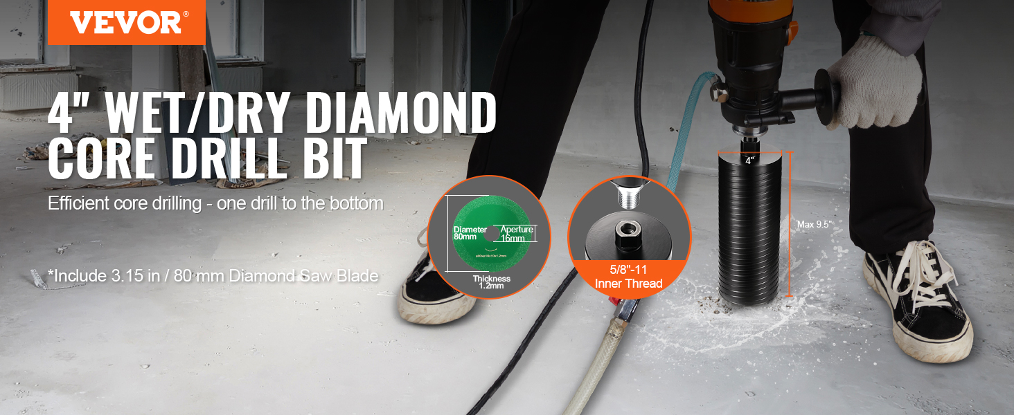 VEVOR diamond core drill bit in use for efficient wet/dry drilling on a concrete floor.