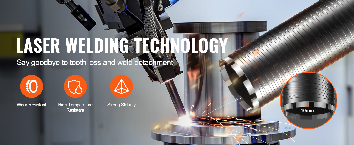 laser welding technology on industrial equipment, highlighting wear resistance and stability of VEVOR diamond core drill bit.