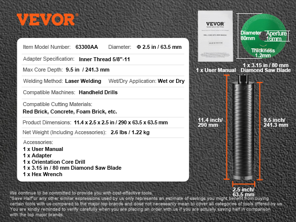VEVOR core drill bit 63.5mm diameter, laser welding, 9.5-inch depth, handheld drills, red brick, concrete.
