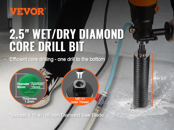 VEVOR core drill bit in use, showcasing 2.5" wet/dry diamond core drill bit with specifications.