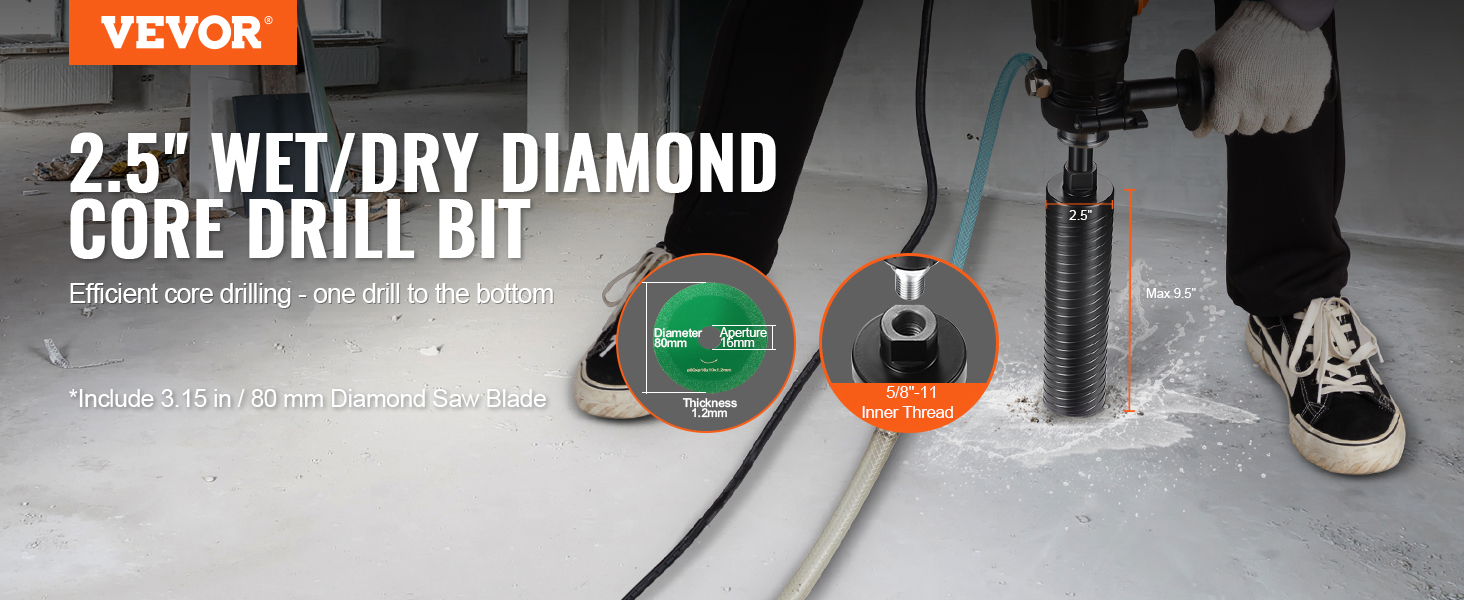 VEVOR core drill bit in use, showcasing 2.5" wet/dry diamond core drill bit with specifications.
