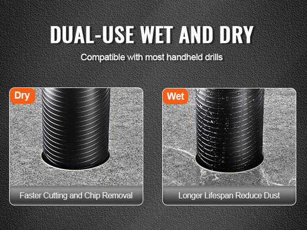 VEVOR core drill bit dual-use for wet and dry drilling, compatible with most handheld drills.
