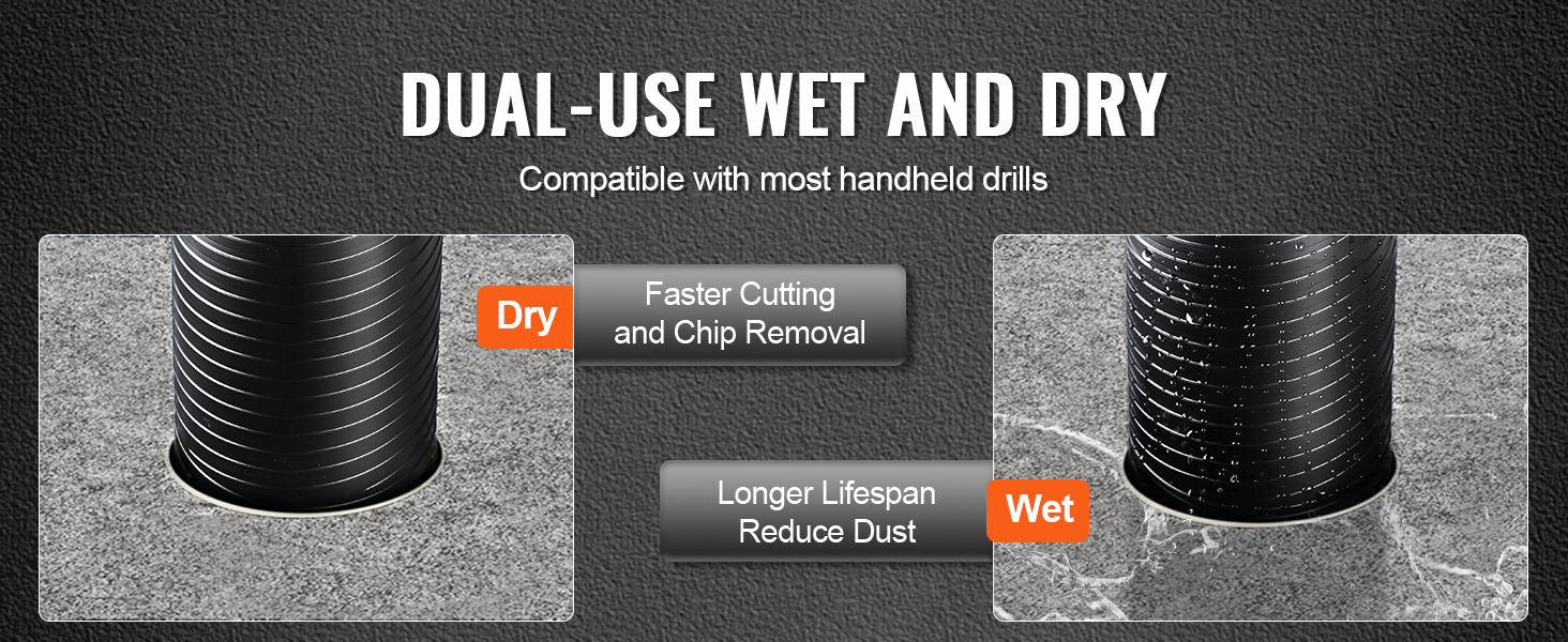 VEVOR core drill bit dual-use for wet and dry drilling, compatible with most handheld drills.