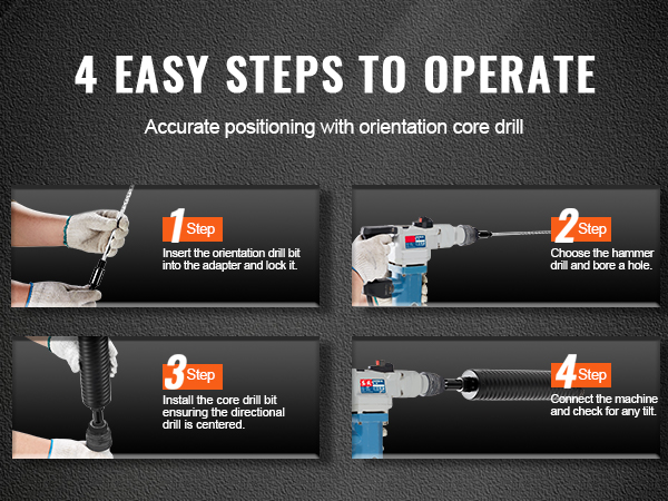 4 steps for using VEVOR core drill bit: insert bit, choose hammer drill, install bit, connect machine.