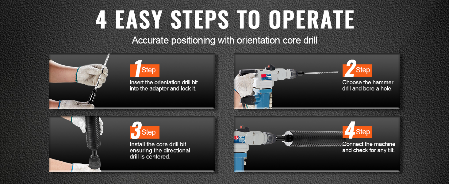 4 steps for using VEVOR core drill bit: insert bit, choose hammer drill, install bit, connect machine.