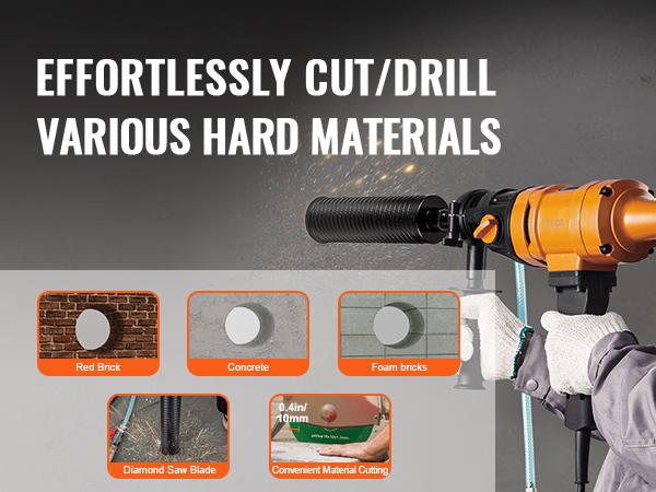 VEVOR core drill bit effortlessly cuts and drills red brick, concrete, foam bricks, with a diamond saw blade.