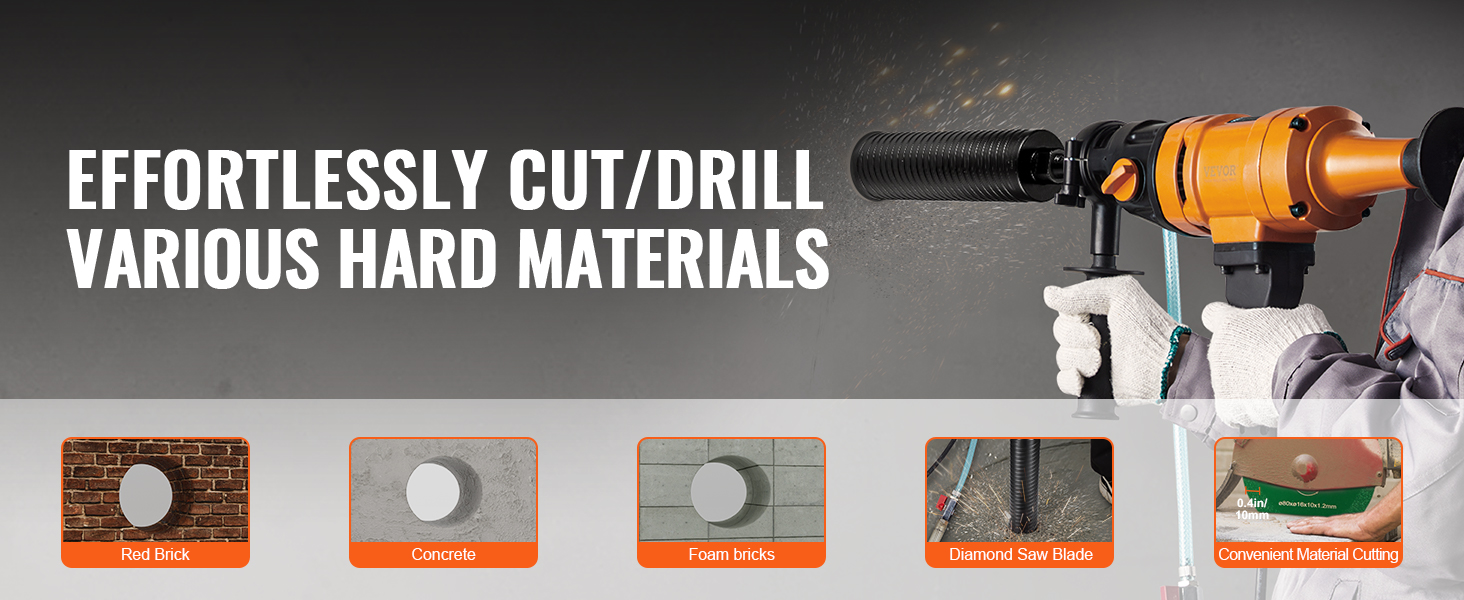 VEVOR core drill bit effortlessly cuts and drills red brick, concrete, foam bricks, with a diamond saw blade.