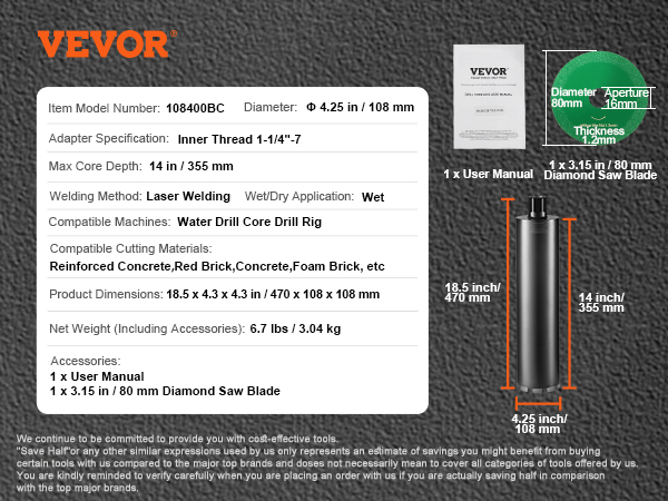 VEVOR core drill bit 4.25in diameter, 14in max depth with user manual and 80mm diamond saw blade.