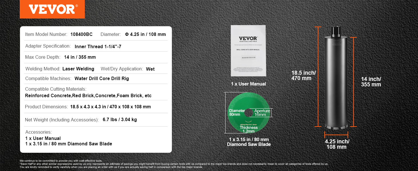 VEVOR core drill bit 4.25in diameter, 14in max depth with user manual and 80mm diamond saw blade.