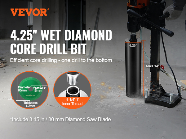 VEVOR core drill bit, 4.25" wet diamond core drill in use, includes 80mm diamond saw blade.
