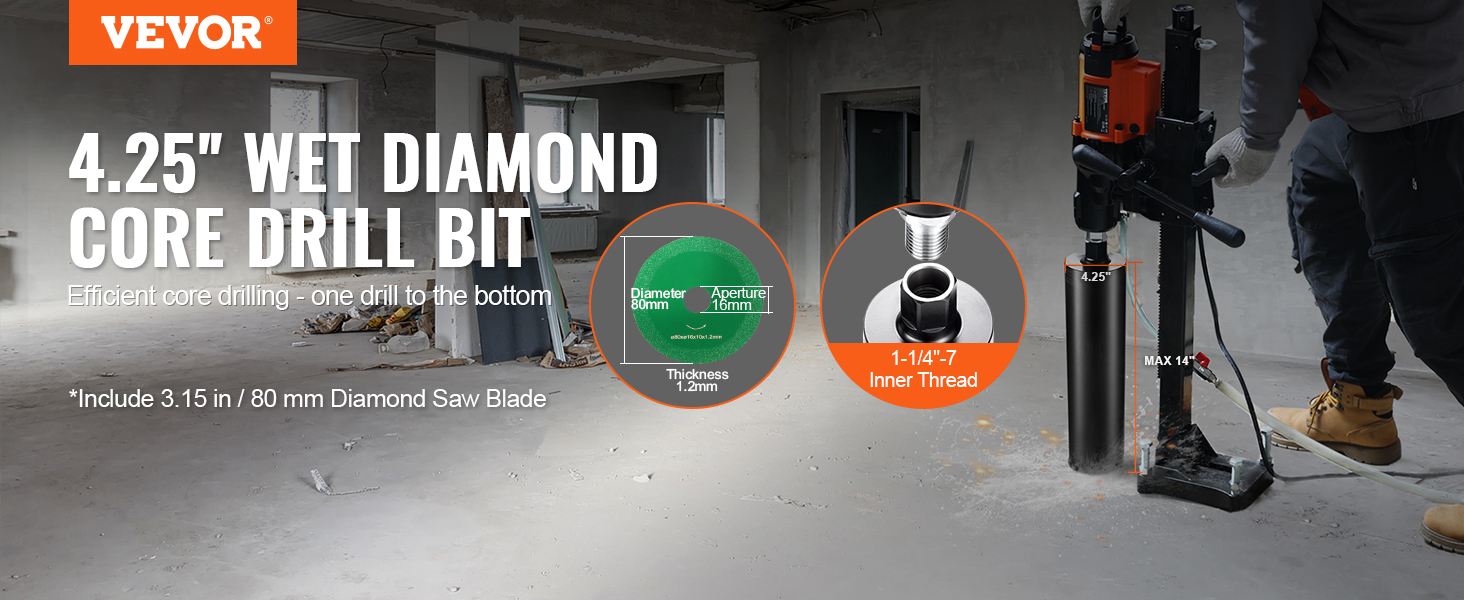 VEVOR core drill bit, 4.25" wet diamond core drill in use, includes 80mm diamond saw blade.
