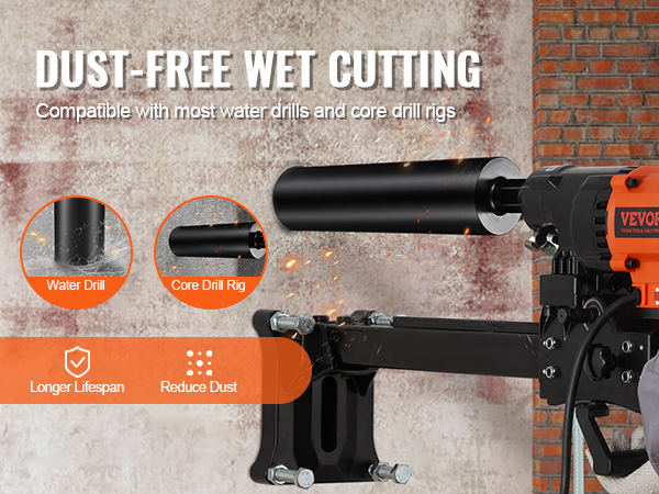 dust-free wet cutting with VEVOR core drill bit, compatible with water drills and core drill rigs.