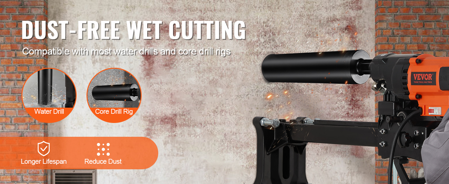 dust-free wet cutting with VEVOR core drill bit, compatible with water drills and core drill rigs.