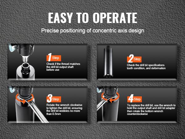 VEVOR core drill bit easy setup guide: check thread, specs, tighten with wrench, replace bit easily.