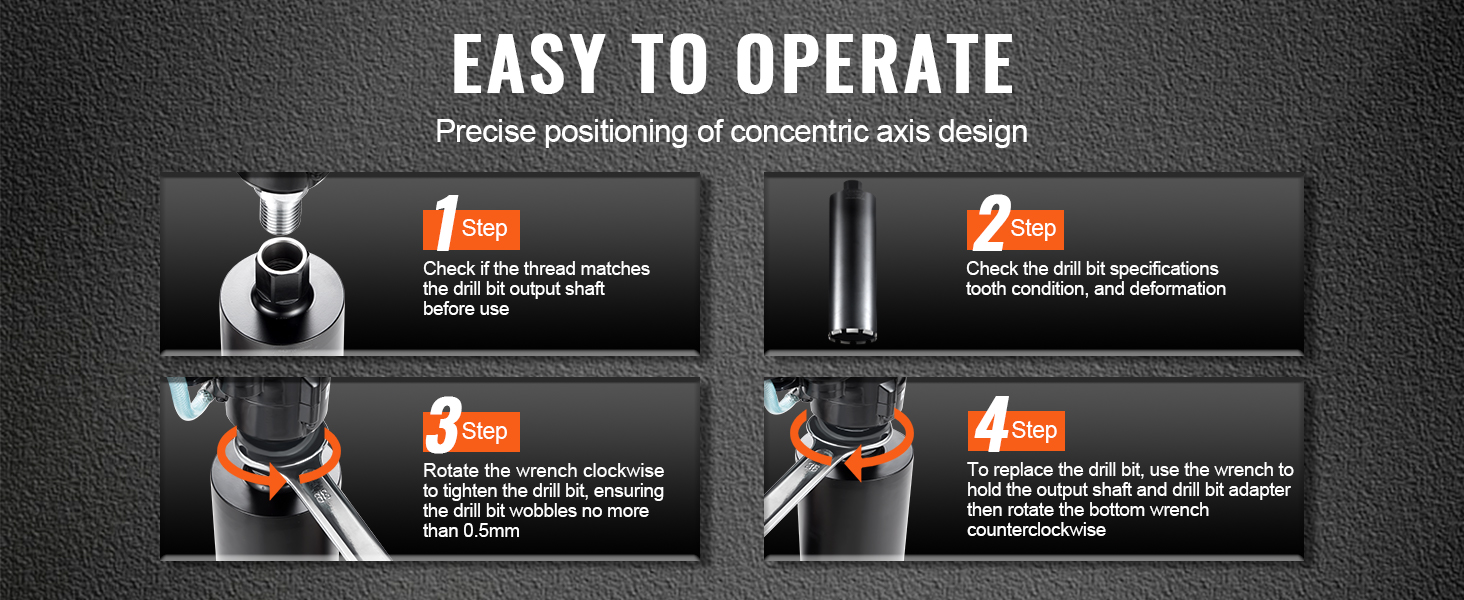 VEVOR core drill bit easy setup guide: check thread, specs, tighten with wrench, replace bit easily.