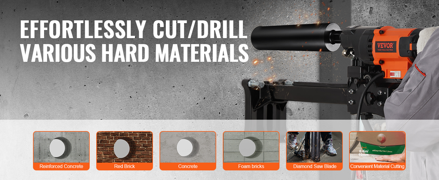 effortlessly cut/drill various hard materials with VEVOR core drill bit for reinforced concrete, bricks, and more.